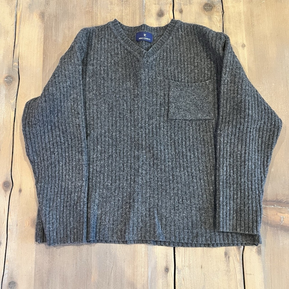 Vintage Nino Cerruti Wool Blend Long Sleeve Gray Ribbed V Neck Sweater 89/97 Sm
